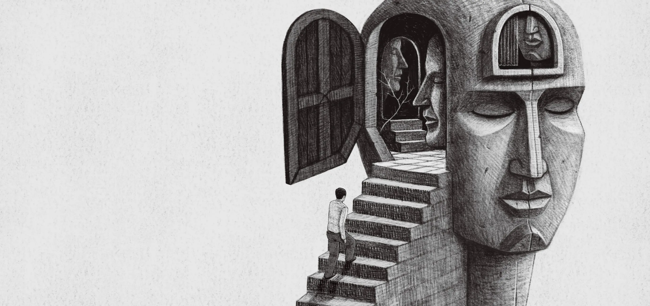Pencil illustration of a person climbing stairs into an open door in a giant carved head, with smaller heads and doorways nested inside.