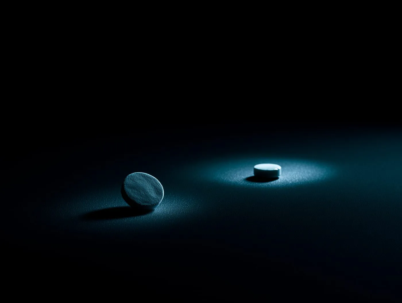 Two small pellets on a dark surface, each lit by its own pool of light, one larger than the other.