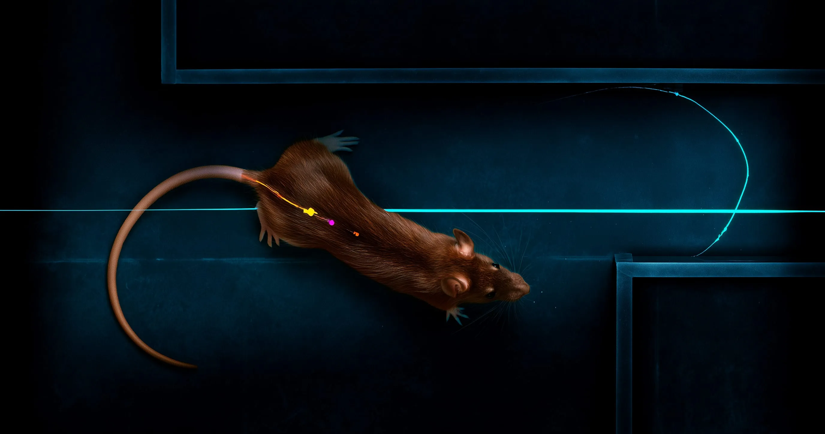 Stylised overhead illustration of a brown rat at a junction between dark corridors, a thin cyan line tracing the path it has travelled.