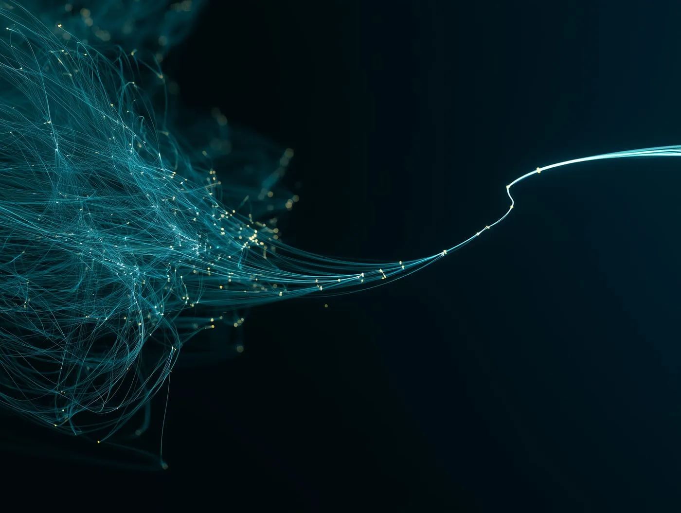 A chaotic tangle of fine teal filaments resolving into a single smooth glowing path.